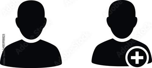 Two black human head silhouettes with add icon on transparent background