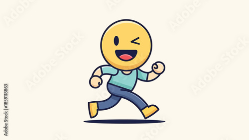 Cheerful emoji character running with a happy expression and winking eye.