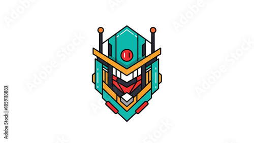 Geometric robot head design with intricate details and vibrant colors.