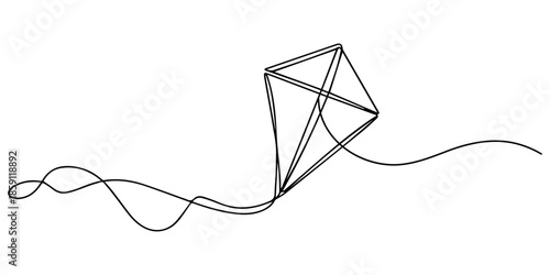 Simple kite one line drawing isolated on white background, Continuous one line art drawing of flying kite design vector illustration, Flying kite continuous one line art drawing of outline vector