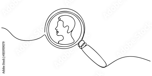 Magnifying glass with profile icon continuous one line drawing. Human Resources Sketchy Doodle Vector Line Icon with Editable Stroke, Continuous one line drawing of a magnifying glass focusing on a.