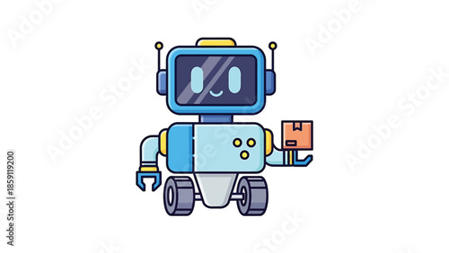 Cute robot holding a package, ready for delivery, cartoon style illustration.