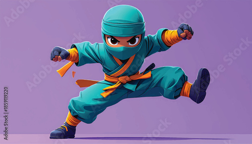 Cartoon Ninja Mid-Air Leap with Intense Focus and Determination.