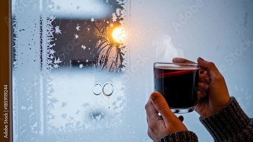 Cozy Winter Scene - Hands Holding Warm Drink by Frosted Window.