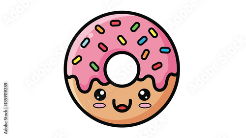 Cute cartoon donut with pink frosting and colorful sprinkles, smiling face.