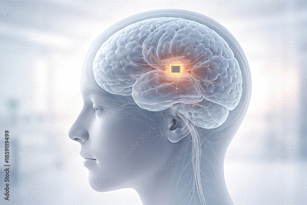Fototapeta premium Human brain illustrated with digital interface exploring cognitive technology symbolism deep insights and neurointegration representing the merging of innovation and emotional intelligence