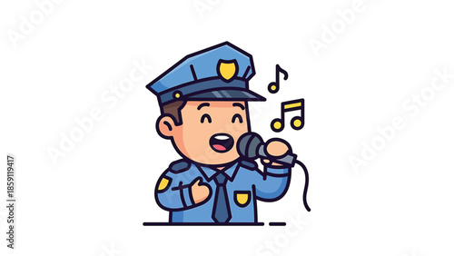 Cheerful police officer singing with a microphone, enjoying music and performance.