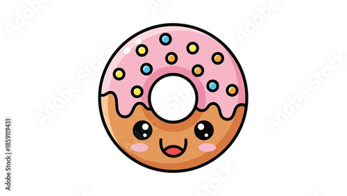 Cute cartoon donut with pink frosting and colorful sprinkles smiling happily.