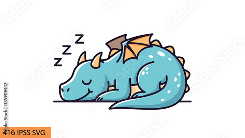 Cute sleeping cartoon dragon with closed eyes and a happy smile, resting peacefully.