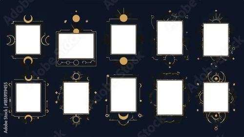 Set of 10 Gold Celestial Frame Mockups on Dark Blue Background