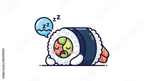 Cute sleeping sushi roll with a dreamy expression and a sleep bubble.