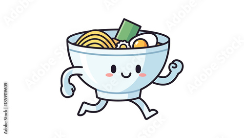Cute cartoon ramen bowl character running with happy expression and noodles.