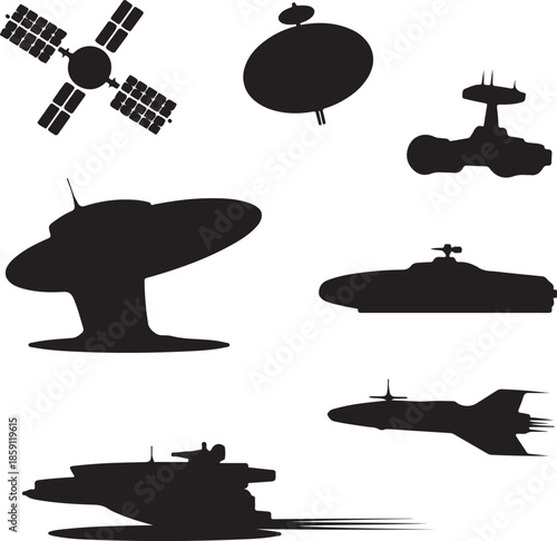 Collection of futuristic spaceship silhouettes isolated on transparent background