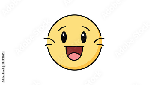Cheerful yellow smiley face with open mouth and whiskers expressing happiness and joy.