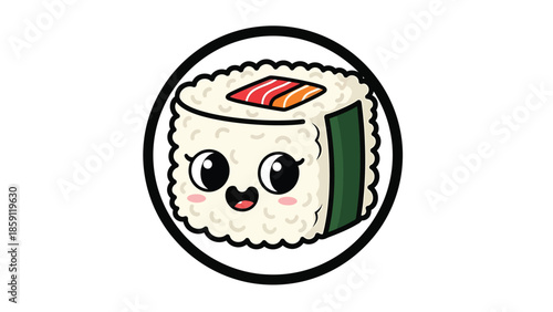 Cute sushi roll cartoon character smiling inside a black circle illustration.