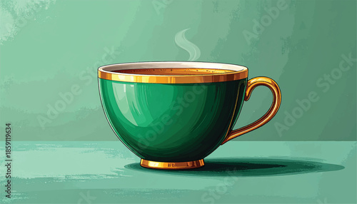 Elegant Green Teacup with Steaming Beverage and Golden Trim.