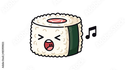 Cute sushi roll singing a happy tune with musical notes, delicious food concept.