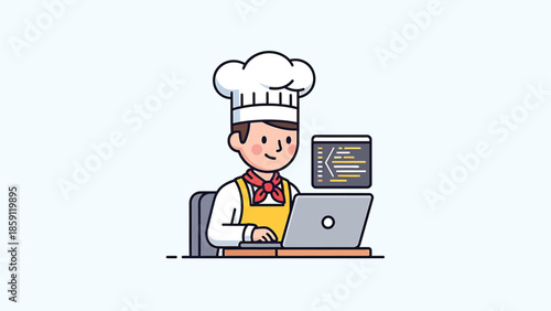 Chef coding on laptop, creating recipes, culinary technology, digital cooking, food programming.