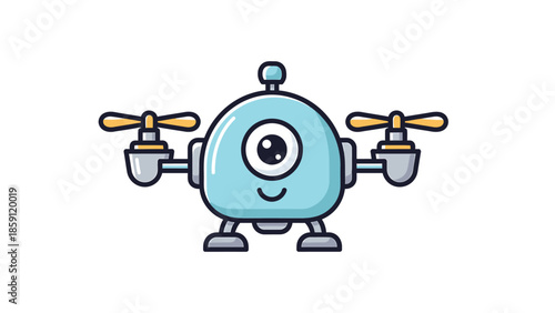 Cute cartoon drone with a single eye and propellers for aerial surveillance.