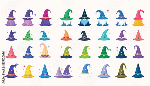 Collection of Colorful Witch Hats for Halloween Celebration.