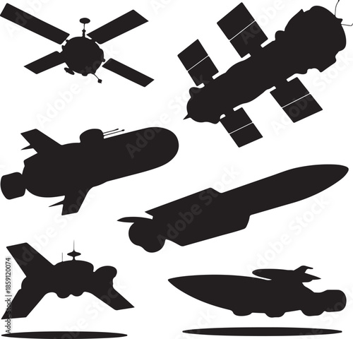 Collection of futuristic spaceships and satellites isolated on transparent background