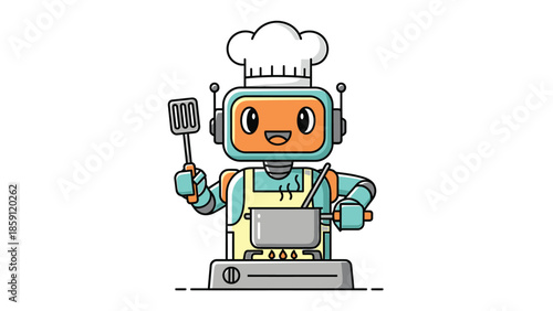 Chef robot cooking delicious meal in the kitchen with utensils.