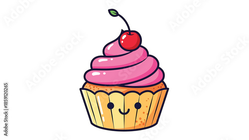 Delicious cupcake with pink frosting and a cherry on top, a sweet treat.