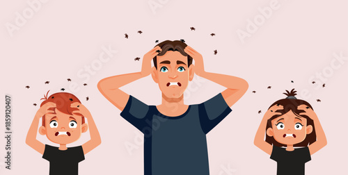 Dad and Kids Infested with Lice Vector Illustration.  Family itching and scratching having lice infestation symptoms 