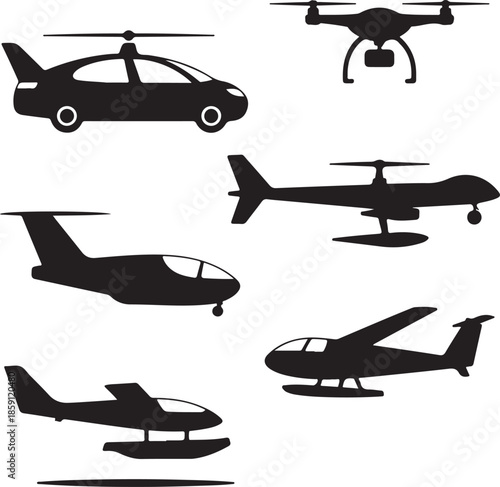 Collection of futuristic flying vehicles and drones isolated on transparent background