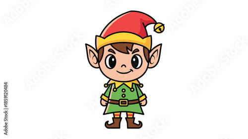 Cute cartoon elf character wearing a festive green outfit and hat.