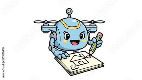 Cute cartoon robot drone drawing house plan with pencil on paper.