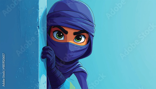 Cartoon Ninja Peeking Around Corner with Intense Gaze.
