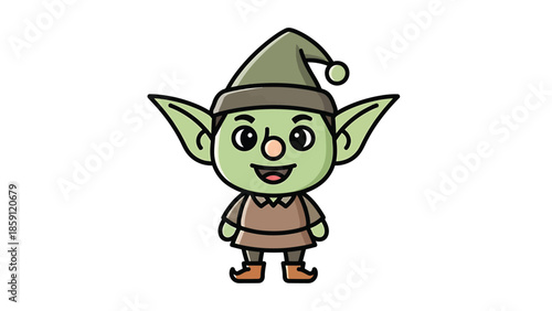 Cute cartoon elf character with green skin and pointy ears smiling happily.