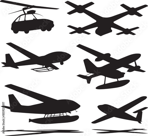 Collection of different types of aircraft silhouettes isolated