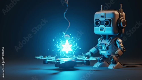 Cute Robot Creating Bright Blue Energy Sparks with Futuristic Technology.