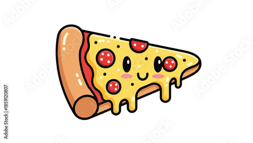 Delicious pizza slice with melted cheese and pepperoni, a tasty cartoon illustration.