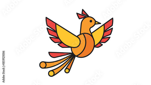 Colorful cartoon bird soaring through the air with vibrant wings and tail feathers.