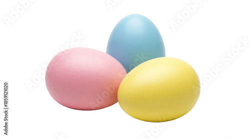 A 3D illustration of three colorful Easter eggs in blue, yellow, and brown shells isolated on a white background as a spring holiday decoration symbol