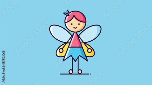 Cute cartoon fairy with wings and a smiling face standing on a line.