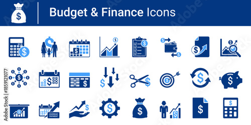 Budget and Finance Icons Set with Money Management, Savings, Investment and Accounting Symbols