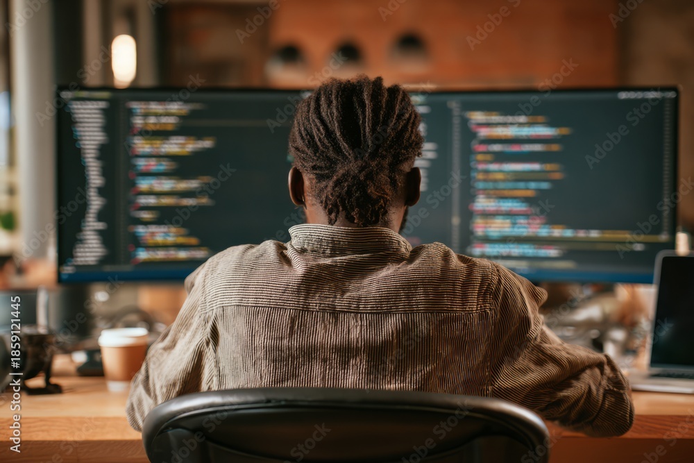 Obraz premium Developer coding program instructions on computer screen in office