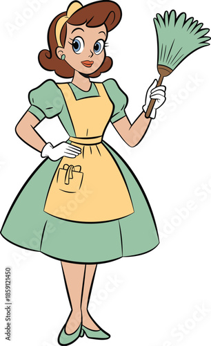 Vintage housewife cartoon character holding duster, retro domestic cleaner woman illustration, classic 1950s maid style, cute vector isolated on white background