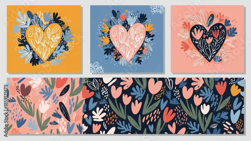 Scandinavian Style Heart Illustration and Seamless Tulip Pattern Set for Valentine’s Day Stationery and Gift Wrap Design