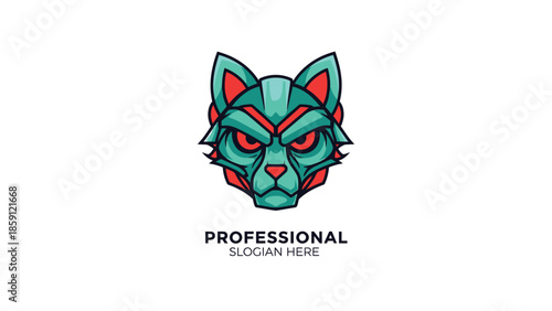Intense robotic cat face logo design with vibrant colors and sharp details.