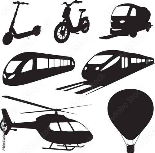 Collection of various transport vehicles and modes isolated on transparent background