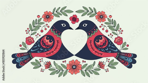 Symmetrical Folk Art Lovebirds in Floral Wreath for Valentine's Day Greeting Cards and Wedding Stationery