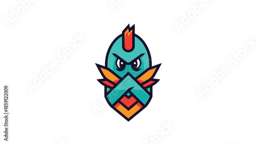 Intense teal creature with fiery orange accents and stern expression.