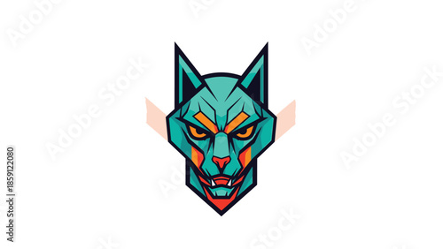 Intense teal wolf head illustration with sharp geometric features and fierce expression.