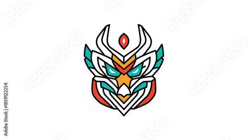 Intricate geometric design of a colorful abstract mask with detailed features and vibrant hues.