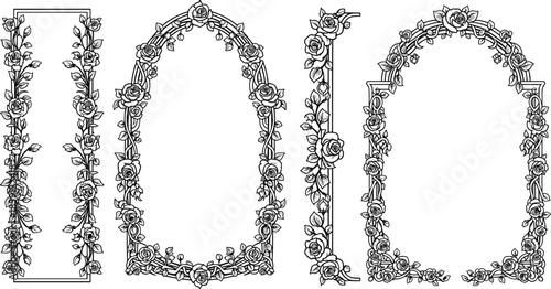 Set of decorative floral frames and borders, black and white rose vine climbing on trellis arches, vintage ornament, cad drawing flat vector illustration.